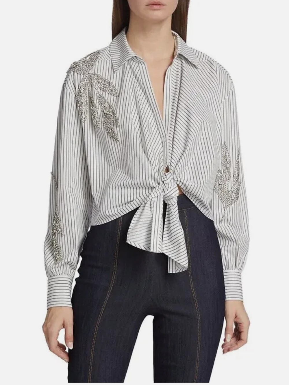 cinq a sept White Pinstripe Tie-Front Shirt with Silver Embellishment